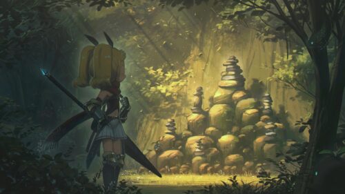 Anime Warrior Girl Discovering Ancient Stone Shrine in Mystical Forest 4K Desktop Wallpaper