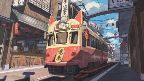 Anime Cat Ear Tram in Traditional Japanese Street 4K Desktop Wallpaper