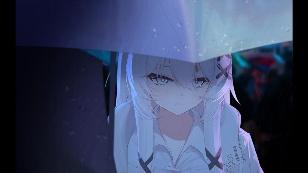 Anime Girl Under Umbrella in Rain Aesthetic Desktop Wallpaper