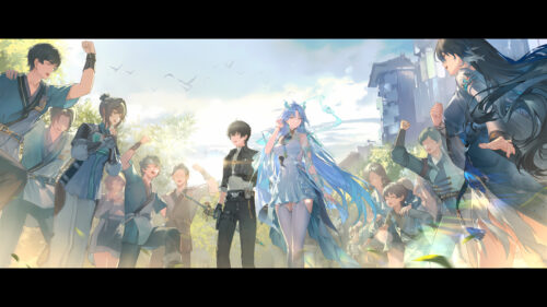 Anime Group Celebration with Jinhsi and Rover from Wuthering Waves 4K Wallpaper