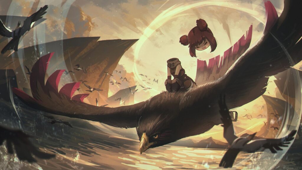 Anime Girl Riding Giant Eagle in Golden Canyon Landscape Desktop Wallpaper