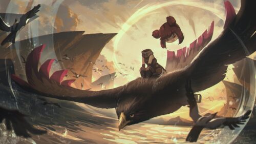 Anime Girl Riding Giant Eagle in Golden Canyon Landscape Desktop Wallpaper