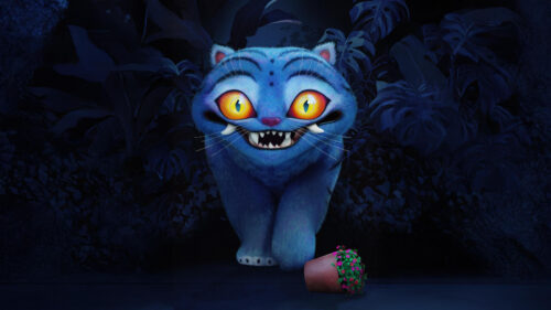 Mysterious Blue Creature with Glowing Eyes in Dark Forest 4K Desktop Wallpaper