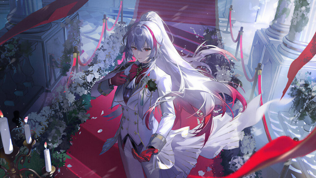 Anime Girl in White Suit on Red Carpet Elegant 4K Desktop Wallpaper