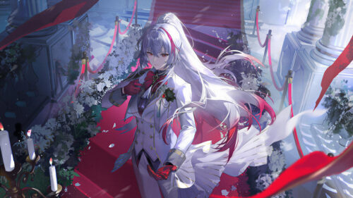 Anime Girl in White Suit on Red Carpet Elegant 4K Desktop Wallpaper