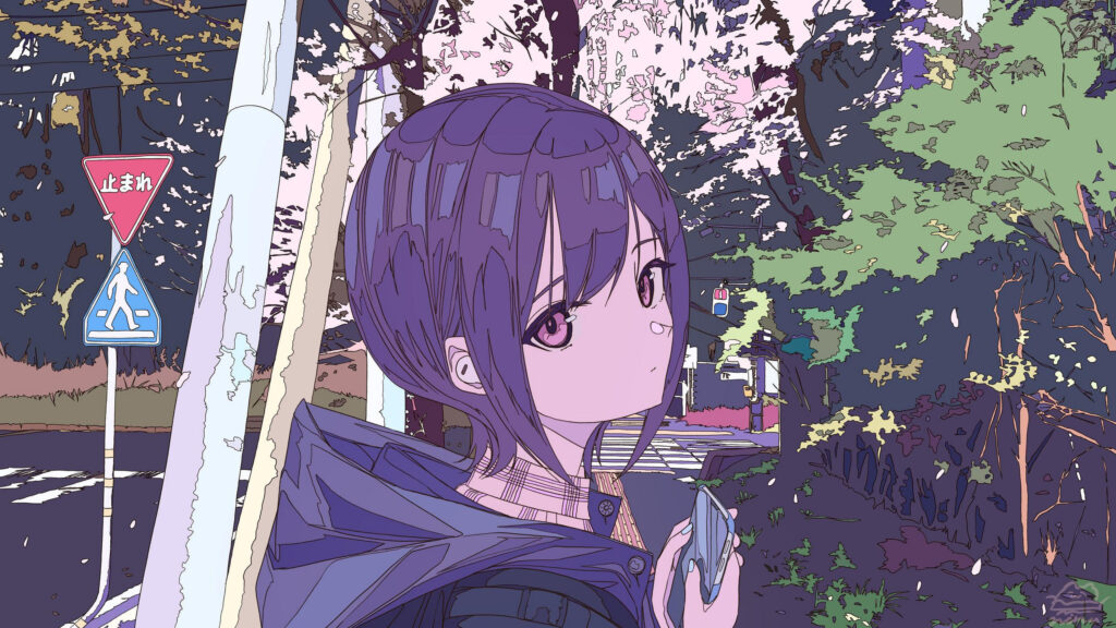 Anime Girl Standing by Japanese Street Sign Aesthetic Desktop Wallpaper