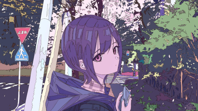 Anime Girl Standing by Japanese Street Sign Aesthetic Desktop Wallpaper