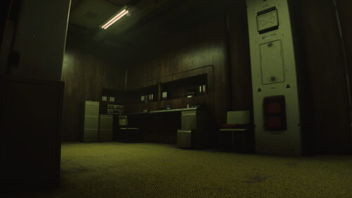 Retro Sci-Fi Office Interior with Dim Lighting 4K Wallpaper