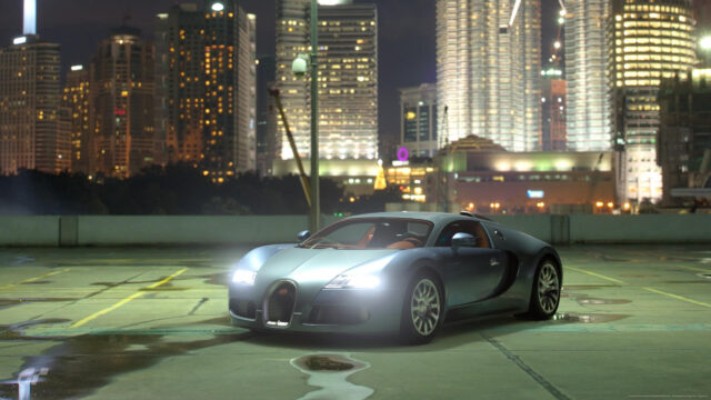 Stunning Silver Bugatti Veyron parked on a City Rooftop at Night 4K Wallpaper