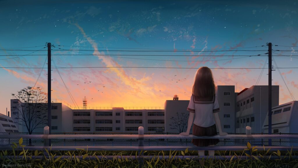 Anime Girl Sitting on a Fence at Sunset Overlooking a School Building Desktop Wallpaper