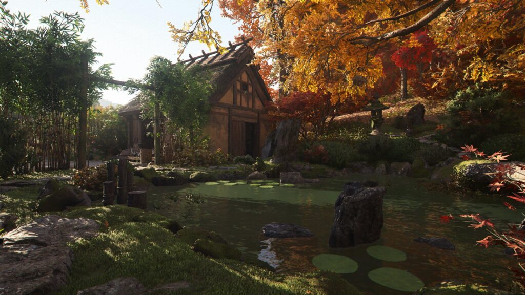 Serene Japanese Garden Cottage with Autumn Foliage 4K Desktop Wallpaper