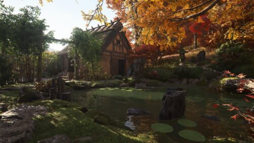 Serene Japanese Garden Cottage with Autumn Foliage 4K Desktop Wallpaper