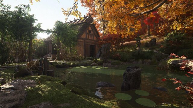 Serene Japanese Garden Cottage with Autumn Foliage 4K Desktop Wallpaper
