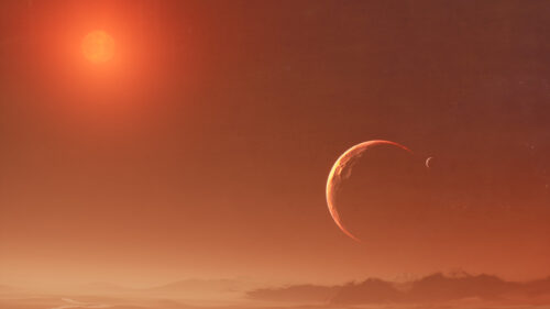 Red Alien Planet Landscape with Crescent Moon and Distant Star 4K Wallpaper