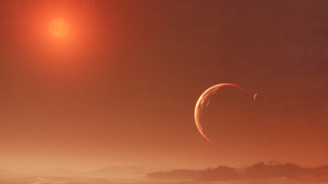 Red Alien Planet Landscape with Crescent Moon and Distant Star 4K Wallpaper
