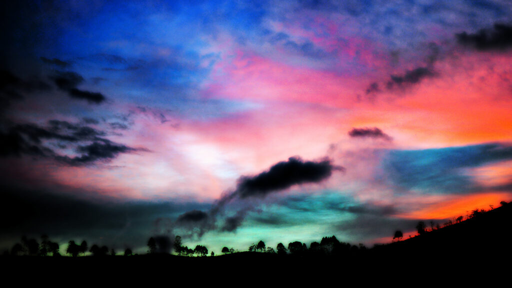 Vibrant Sunset Horizon with Silhouetted Trees Landscape 4K Wallpaper