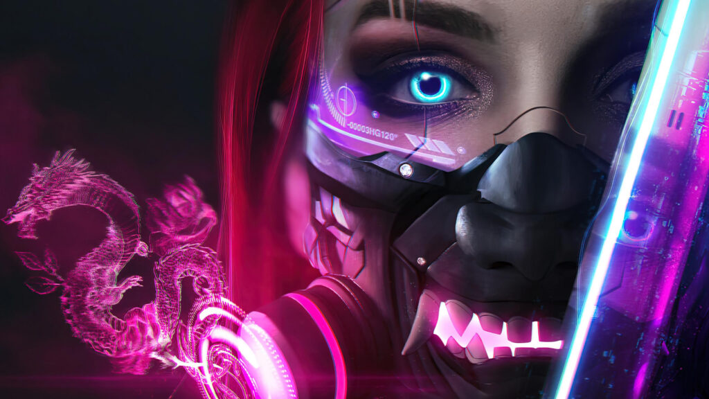 Cyberpunk Girl with Neon Dragon Hologram Digital Art 4K Desktop Wallpaper