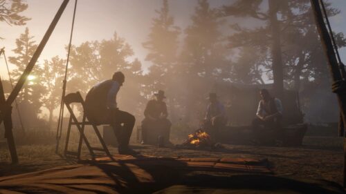 Red Dead Redemption 2 Campfire Sunset Scene Desktop Wallpaper