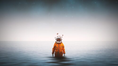 Surreal Astronaut with Butterflies in Orange Suit 4K Desktop Wallpaper
