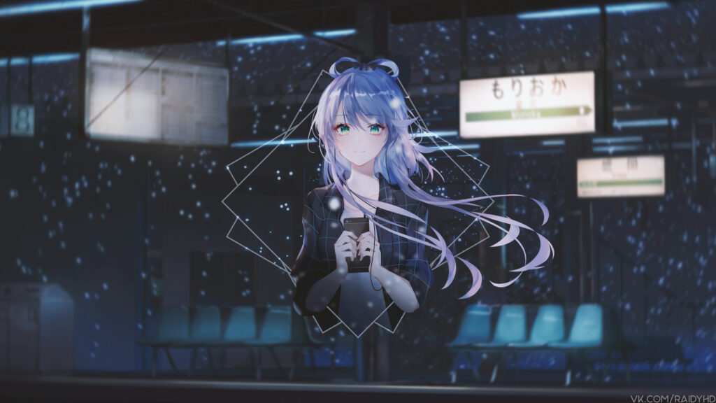 Anime Girl Standing at a Snowy Morioka Station at Night Desktop Wallpaper