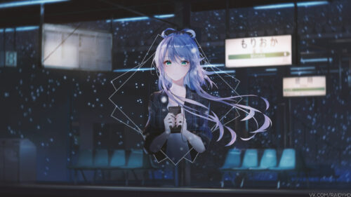 Anime Girl Standing at a Snowy Morioka Station at Night Desktop Wallpaper