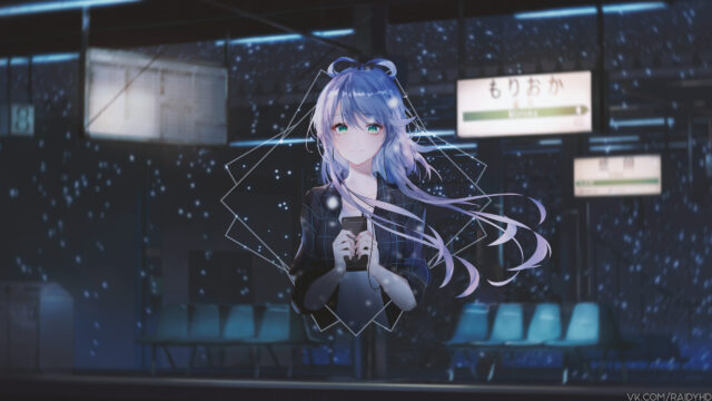 Anime Girl Standing at a Snowy Morioka Station at Night Desktop Wallpaper