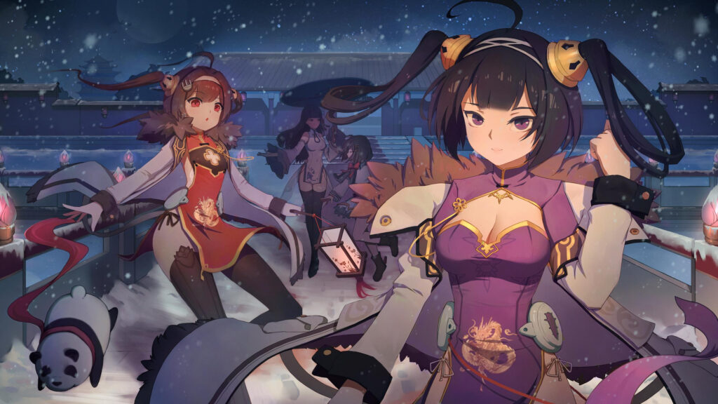 Anime Girls in Traditional Winter Outfits and Panda Companion Desktop Wallpaper