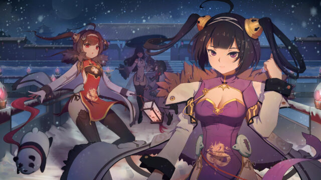 Anime Girls in Traditional Winter Outfits and Panda Companion Desktop Wallpaper