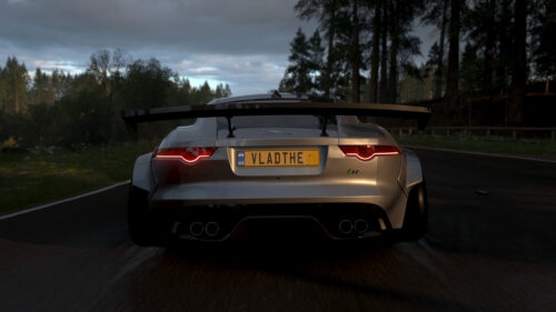 Widebody Jaguar F-Type R Racing Through Forest Landscape PC Wallpaper