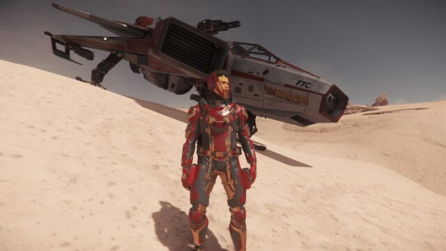 Star Citizen Pilot Standing Next to Anvil F7C Wildfire Spaceship 4K Desktop Wallpaper