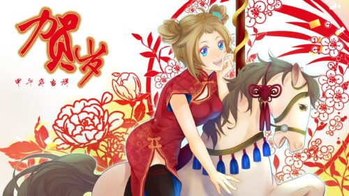 Anime Girl in Traditional Red Qipao on Carousel Horse 4K Desktop Wallpaper