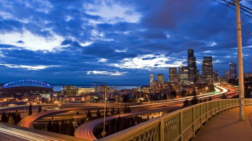 Stunning Seattle Skyline at Twilight with Light Trails Desktop Wallpaper