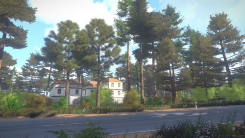 Sunlit Rural Villa Nestled in a Lush Pine Forest Desktop Wallpaper