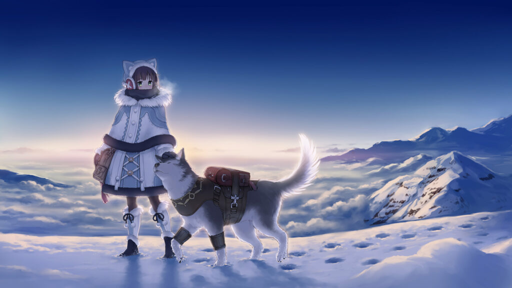 Anime Girl and Wolf Companion in Snowy Mountain Landscape 4K Wallpaper