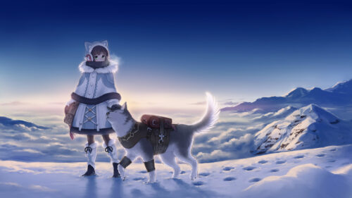 Anime Girl and Wolf Companion in Snowy Mountain Landscape 4K Wallpaper