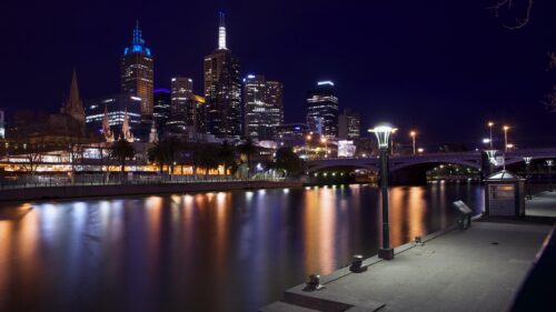 Stunning Nighttime Melbourne Skyline Reflection over Yarra River Desktop Wallpaper