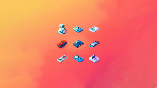 Minimalist Retro Gaming Console Collection Isometric Desktop Wallpaper