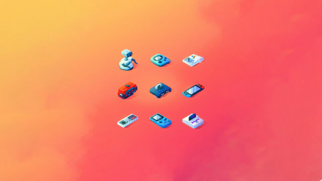 Minimalist Retro Gaming Console Collection Isometric Desktop Wallpaper