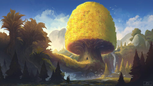 Majestic Golden Tree and Lonely Traveler Fantasy Landscape 4K Wallpaper