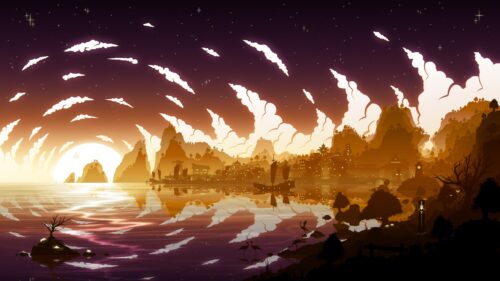Stunning Oriental Sunset Coastal Village Landscape 4K Desktop Wallpaper