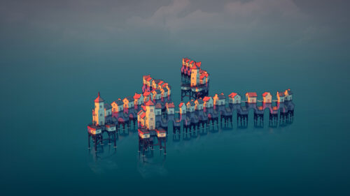 Minimalist Isometric Floating Town on Calm Water 4K Desktop Wallpaper
