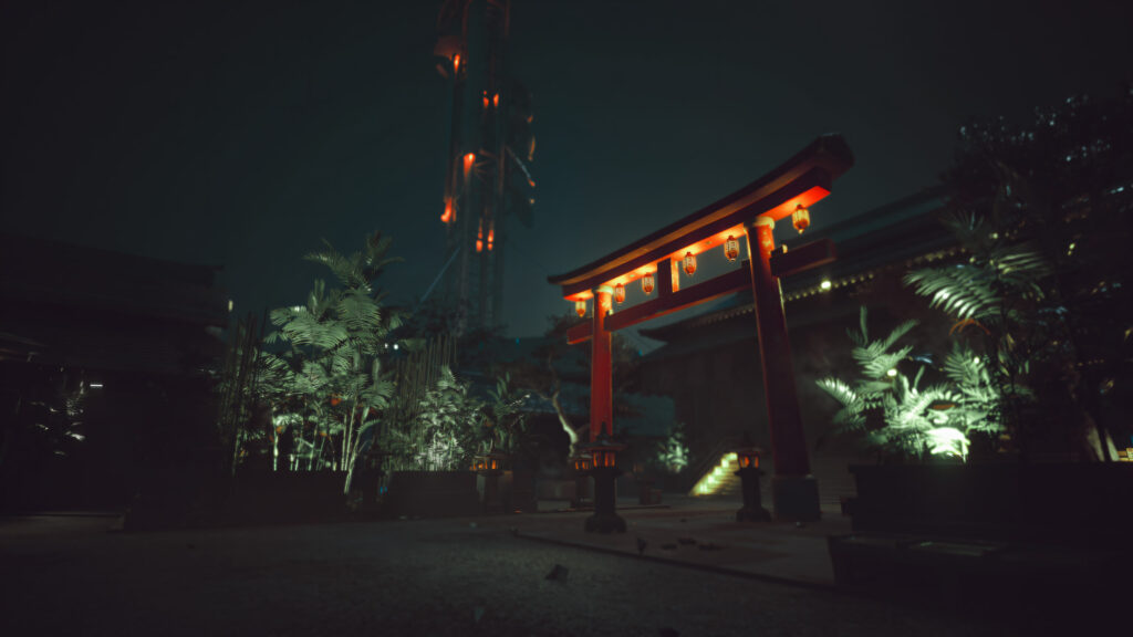 Nighttime Cyberpunk Shrine with Glowing Torii Gate 4K Desktop Wallpaper