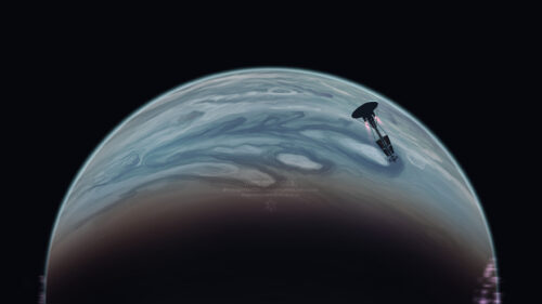 Minimalist Sci-Fi Spaceship Orbiting a Gas Giant Planet 4K Desktop Wallpaper