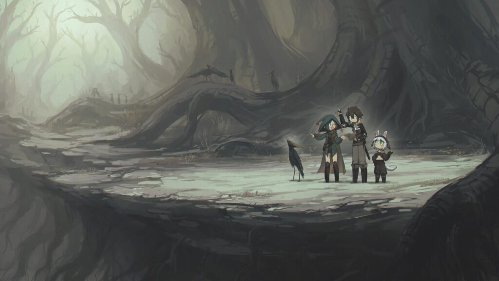 Chibi Adventure Trio in a Misty Enchanted Forest PC Wallpaper