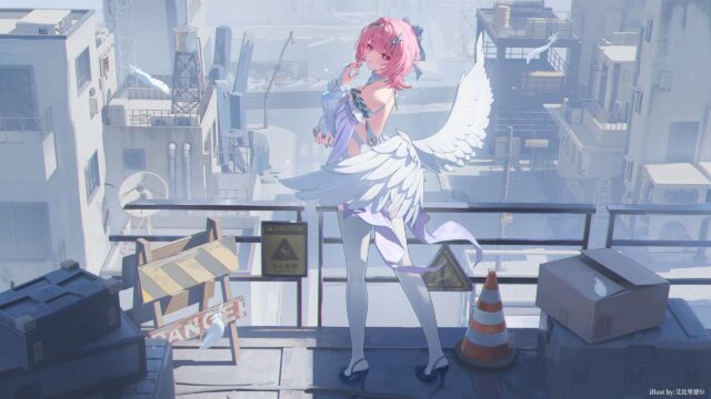 Anime Angel Girl Standing on Urban Rooftop 4K Desktop Wallpaper