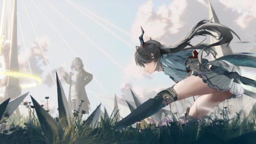 Anime Girl Sword Fighter in Futuristic Landscape 4K Desktop Wallpaper