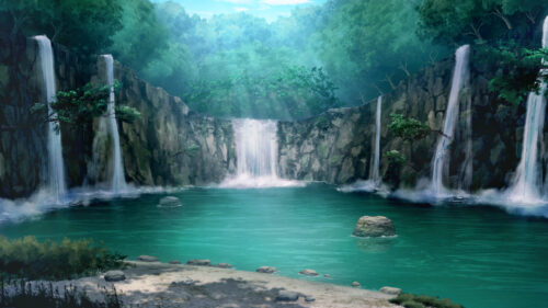 Serene Anime Waterfall Forest Landscape 4K Desktop Wallpaper