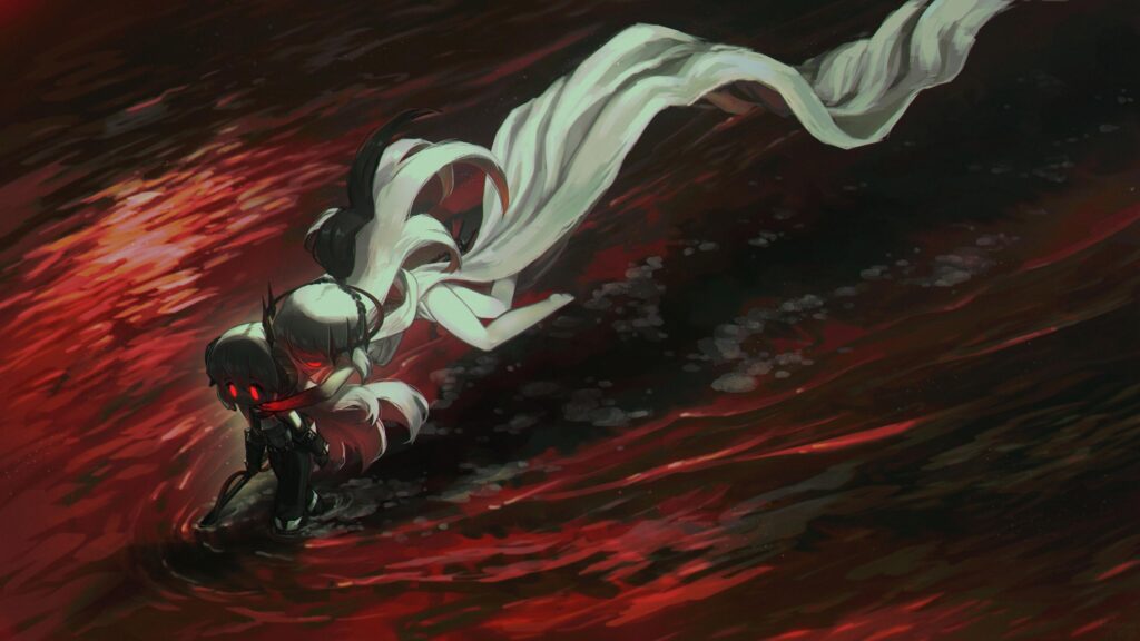 Anime Girl and Shadow Entity in Red Blood Ocean Dark Fantasy 4K Desktop Wallpaper