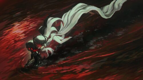 Anime Girl and Shadow Entity in Red Blood Ocean Dark Fantasy 4K Desktop Wallpaper
