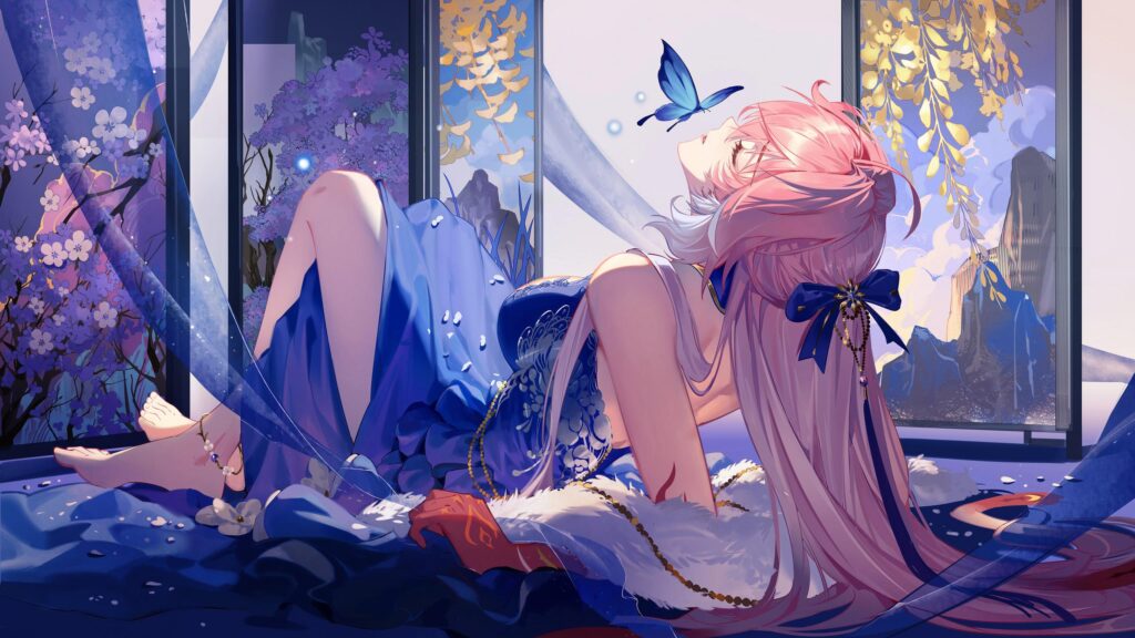Yae Miko Anime Girl in Blue Dress with Butterfly 4K Desktop Wallpaper
